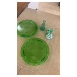 Set of 2 Vintage Green Glass Plates and Decorative Pitcher Set
