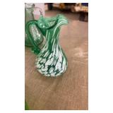 Set of 2 Vintage Green Glass Plates and Decorative Pitcher Set