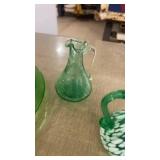 Set of 2 Vintage Green Glass Plates and Decorative Pitcher Set