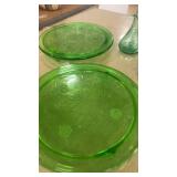 Set of 2 Vintage Green Glass Plates and Decorative Pitcher Set