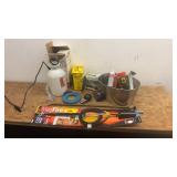 Assorted Workshop Tools Including Pump, Dial Indicator, and Accessories