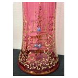Vintage Bohemian Hand Painted Cranberry Glass Vase