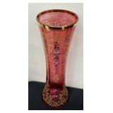 Vintage Bohemian Hand Painted Cranberry Glass Vase