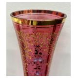 Vintage Bohemian Hand Painted Cranberry Glass Vase