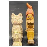 Two Vintage Wooden Carved Cat and Gnome Figurines