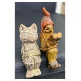 Two Vintage Wooden Carved Cat and Gnome Figurines