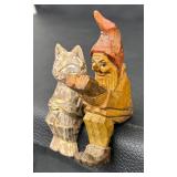 Two Vintage Wooden Carved Cat and Gnome Figurines