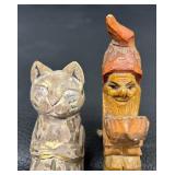 Two Vintage Wooden Carved Cat and Gnome Figurines