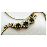 10K Gold Necklace with Emerald Stones and Diamond Accents