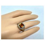 Vintage Art Deco Silver Ring with Amber Colored Stone
