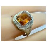 Vintage Art Deco Silver Ring with Amber Colored Stone