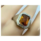 Vintage Art Deco Silver Ring with Amber Colored Stone