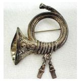 Vintage Sterling Silver Musical Horn Brooch Pin