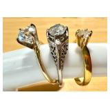Set of 3 Elegant Diamond Simulant Rings in 14 Gold & Silver Plate Settings
