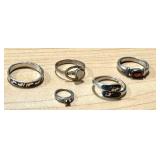 Set of 5 Sterling Silver Rings with Various Designs and Gemstones