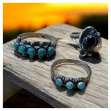 Set of 3 Vintage Sterling Silver Rings with Turquoise and Onyx Stones
