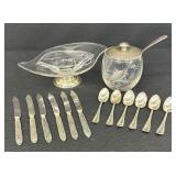 Vintage Sterling Silver and Glass Divided Dish, Sterling Silver Lidded Etched Glass Sugar or Jam Jar with Stainless Spreaders & Spoons