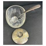 Vintage Sterling Silver and Glass Divided Dish, Sterling Silver Lidded Etched Glass Sugar or Jam Jar with Stainless Spreaders & Spoons