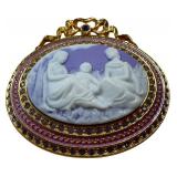 Vintage Signed Joan Rivers Faux Lavender Cameo & Crystal Gold Tone Pin / Brooch