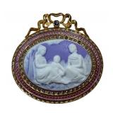 Vintage Signed Joan Rivers Faux Lavender Cameo & Crystal Gold Tone Pin / Brooch