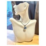 Designer Style Silver and Gold Tone Balinese Filigree Topaz Blue Square Crystal Pendant Necklace