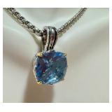 Designer Style Silver and Gold Tone Balinese Filigree Topaz Blue Square Crystal Pendant Necklace