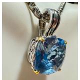Designer Style Silver and Gold Tone Balinese Filigree Topaz Blue Square Crystal Pendant Necklace