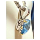 Designer Style Silver and Gold Tone Balinese Filigree Topaz Blue Square Crystal Pendant Necklace