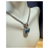 Designer Style Silver and Gold Tone Balinese Filigree Topaz Blue Square Crystal Pendant Necklace