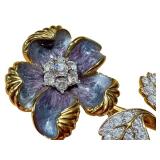 Vintage Nolan Miller Gold Enamel Rhinestone Floral Brooch / Vintage Nolan Miller Floral Design Runway Brooch