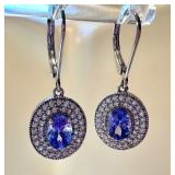 Pair of Dazzling Sterling Silver and Tanzanite Earrings / Halo Drop Sterling Silver Tanzanite Earrings
