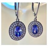 Pair of Dazzling Sterling Silver and Tanzanite Earrings / Halo Drop Sterling Silver Tanzanite Earrings