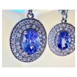 Pair of Dazzling Sterling Silver and Tanzanite Earrings / Halo Drop Sterling Silver Tanzanite Earrings