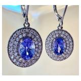 Pair of Dazzling Sterling Silver and Tanzanite Earrings / Halo Drop Sterling Silver Tanzanite Earrings