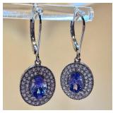 Pair of Dazzling Sterling Silver and Tanzanite Earrings / Halo Drop Sterling Silver Tanzanite Earrings