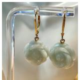 Pair of Sterling Silver Carved Jade Floral Figurine Earrings
