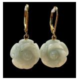 Pair of Sterling Silver Carved Jade Floral Figurine Earrings