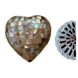 Vintage Herend Porcelain Brooch and Heart Shaped Mother of Pearl Brooch