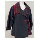 AnyaSF - Black Multi Flack Wool Short Jacket with Red Trim and Side Tie Belt - Size M/L