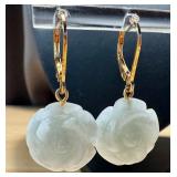 Pair of Sterling Silver Carved Jade Floral Figurine Earrings