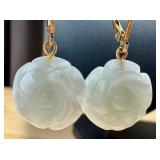 Pair of Sterling Silver Carved Jade Floral Figurine Earrings