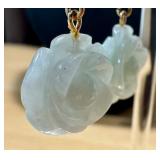 Pair of Sterling Silver Carved Jade Floral Figurine Earrings