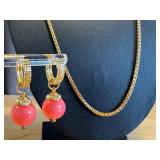 18k GP Box Chain and Pair of Sterling Earrings with Coral Colored Bead
