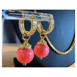 18k GP Box Chain and Pair of Sterling Earrings with Coral Colored Bead