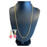 18k GP Box Chain and Pair of Sterling Earrings with Coral Colored Bead