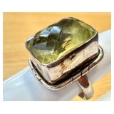 Vintage Sterling Silver Ring with Large Citrine Faceted Gemstone