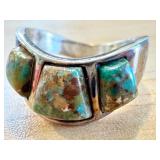 Unique Chunky Turquoise Ring with Three Stone Design