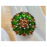 Green and Orange Gemstone Cocktail Ring with Silver Setting