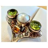 Sterling Silver Ring with Pearl and Peridot Gemstones