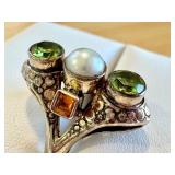 Sterling Silver Ring with Pearl and Peridot Gemstones